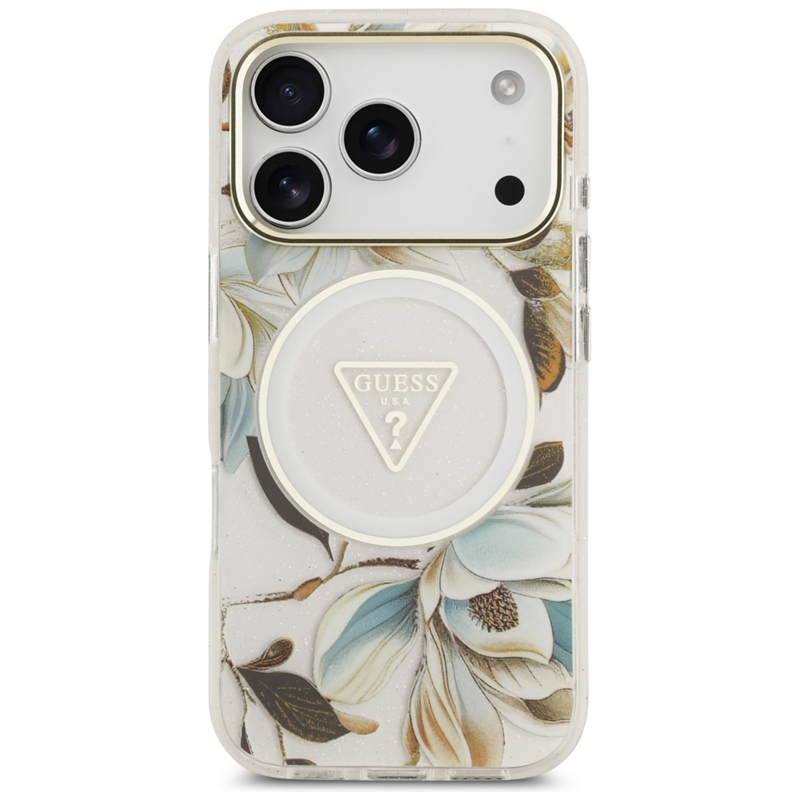 Guess IML Glitter Flowers Triangle MagSafe - Etui iPhone 17 Pro Max (biały)