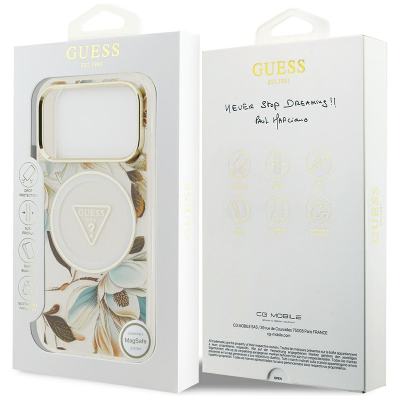 Guess IML Glitter Flowers Triangle MagSafe - Etui iPhone 17 Pro Max (biały)