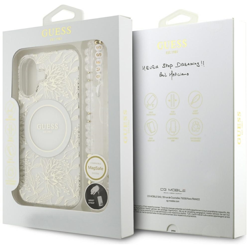 Guess IML Flowers Electro Pearl Strap MagSafe - Etui iPhone 17 (biały)