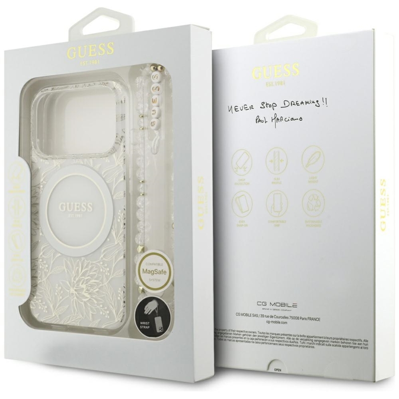Guess IML Flowers Electro Pearl Strap MagSafe - Etui iPhone 17 Pro (biały)