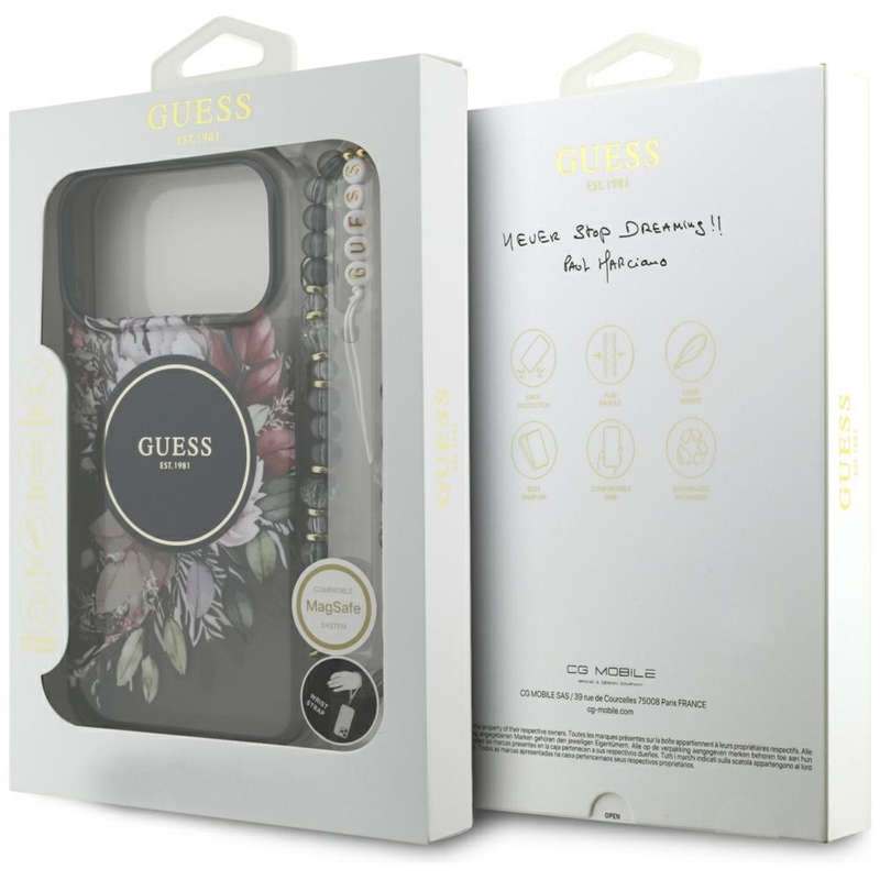 Guess IML Flowers Electro Pearl Strap MagSafe - Etui iPhone 17 Pro Max (czarny)