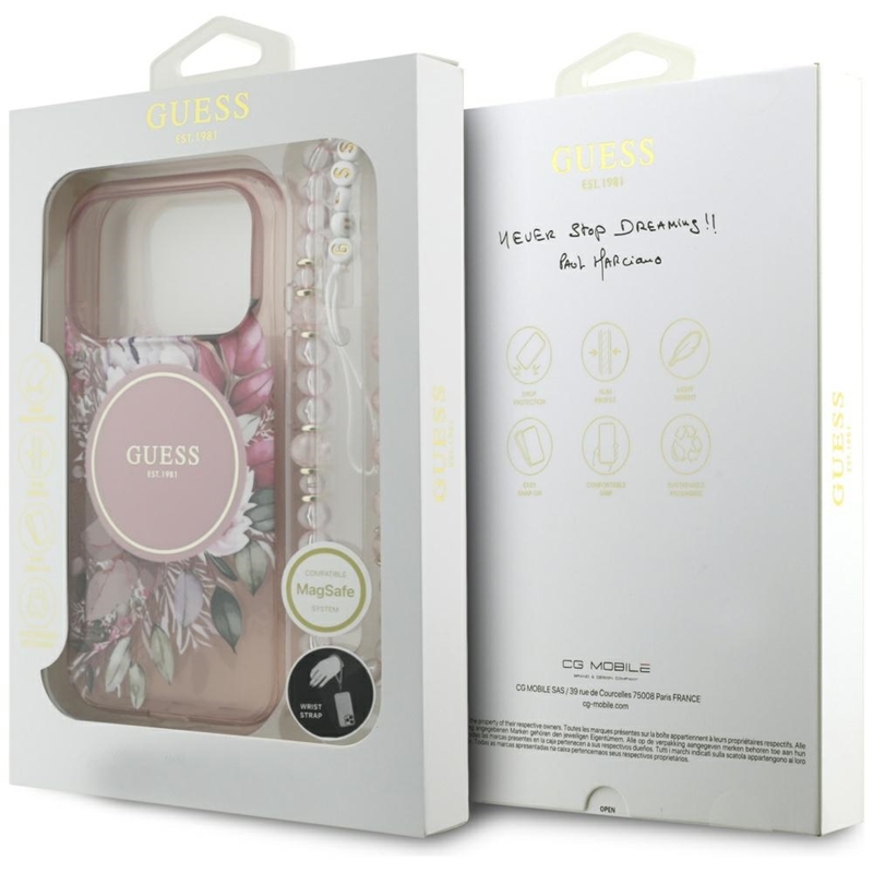 Guess IML Flowers Electro Pearl Strap MagSafe - Etui iPhone 17 Pro (różowy)