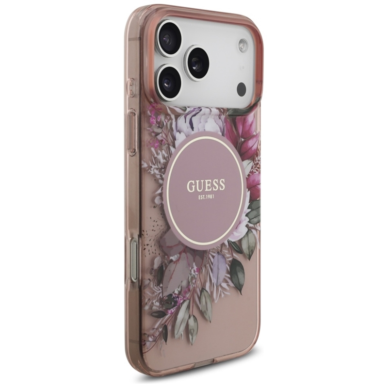Guess IML Flowers Electro Pearl Strap MagSafe - Etui iPhone 17 Pro Max (różowy)