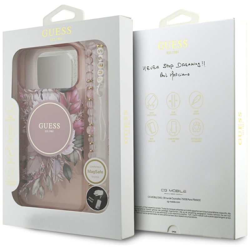 Guess IML Flowers Electro Pearl Strap MagSafe - Etui iPhone 17 Pro Max (różowy)