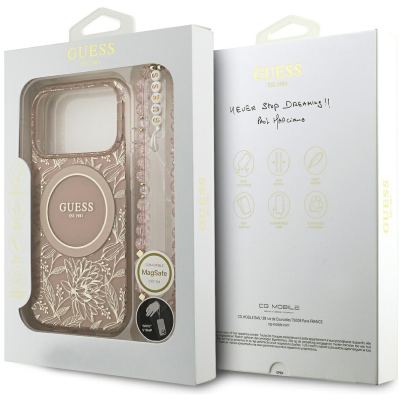 Guess IML Flowers Electro Pearl Strap MagSafe - Etui iPhone 17 Pro (różowy)