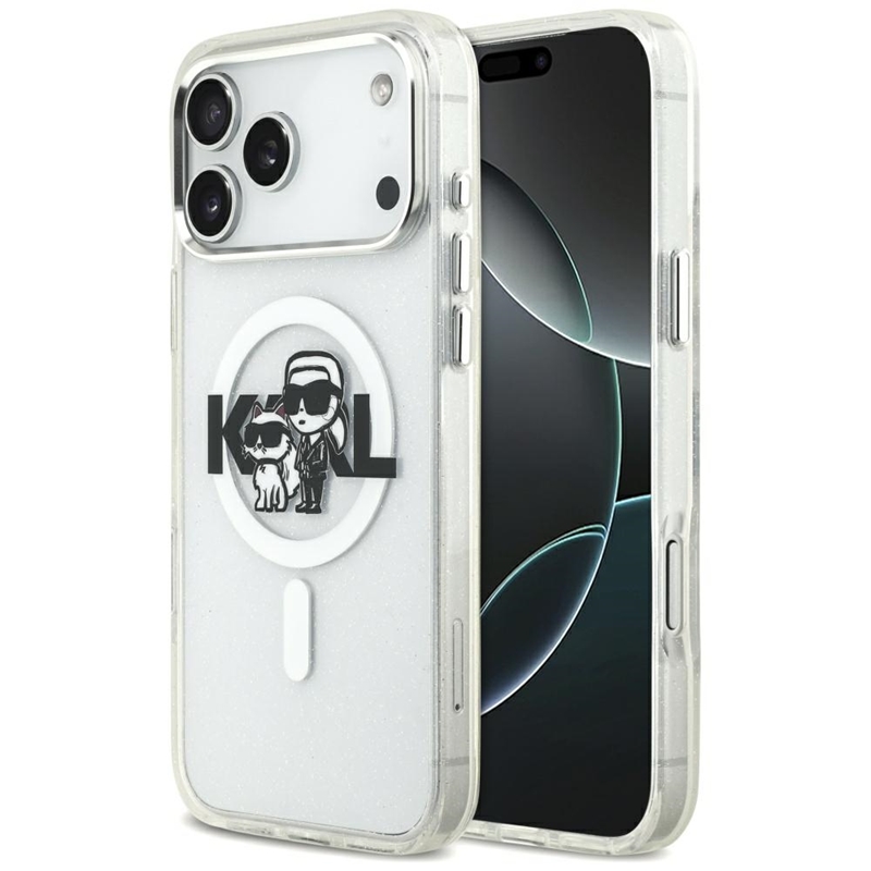 Karl Lagerfeld IML Glitter Karl & Choupette Sketch Logo MagSafe - Etui iPhone 17 Pro Max (przezroczysty)