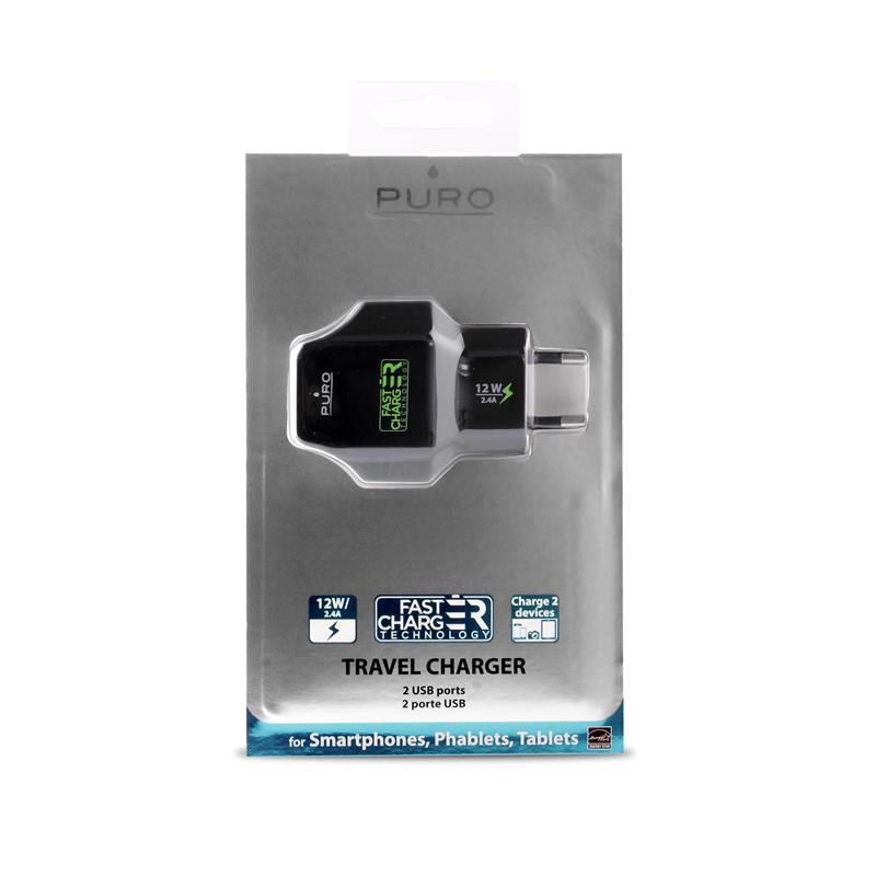 PURO Travel Fast Charger - Przenośna ładowarka sieciowa 2 x USB, 2.4 A z diodą LED (czarny)