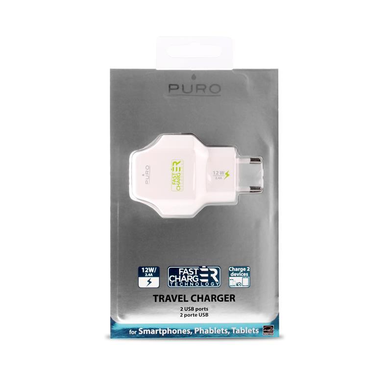 PURO Travel Fast Charger - Przenośna ładowarka sieciowa 2 x USB, 2.4 A z diodą LED (biały)