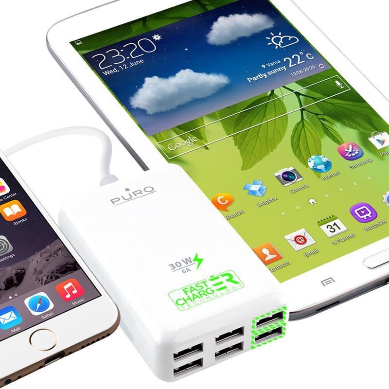 PURO Fast Charging Station - Uniwersalna sieciowa stacja ładująca 6 A, 6 x USB (biały)