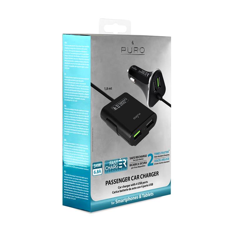 PURO Fast Charger for Car - Ładowarka samochodowa 2 x USB + HUB 2 x USB, 6,8 A, 34 W, 1,8 m (czarny)