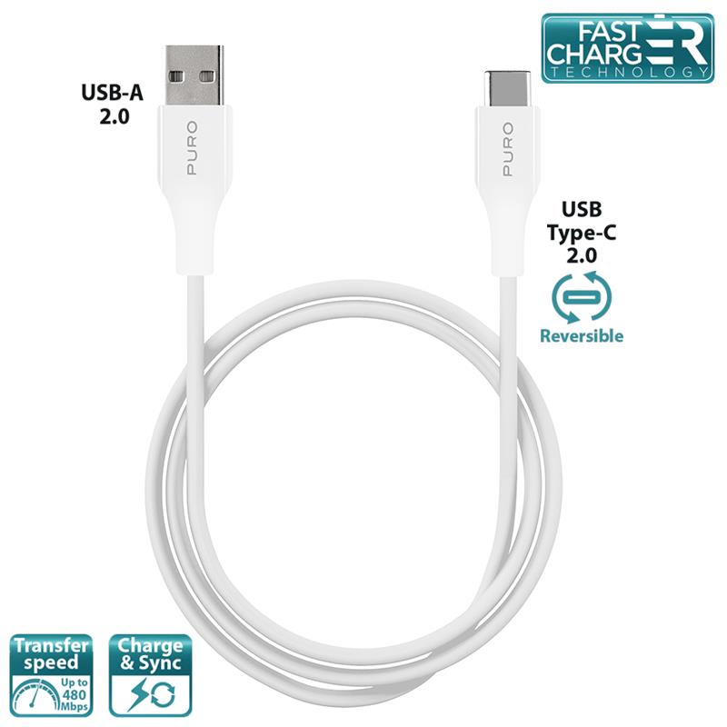 PURO Plain - Kabel USB-C 2.0 na USB-A 2.0, 3A, 480 Mbps, 1m (biały)