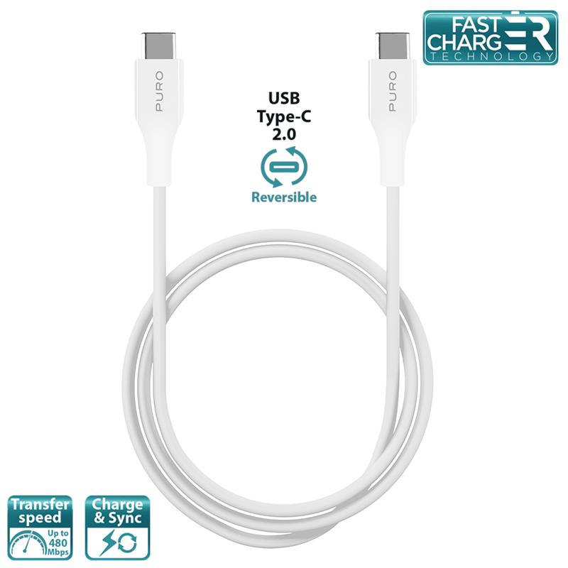 PURO Plain - Kabel USB-C 2.0 na USB-C 2.0 do ładowania & synchronizacji danych, 2A, 480 Mbps, 1 m (biały)