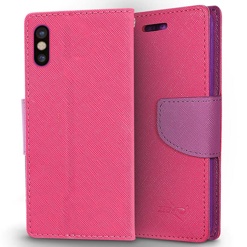 Zizo Flap Wallet Pouch - Etui iPhone X z kieszeniami na karty + stand up (Pink/Purple)
