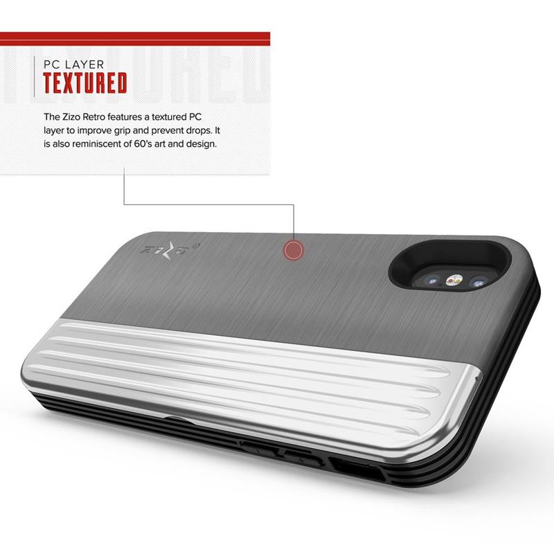 Zizo Retro Series - Etui iPhone Xs / X z kieszenią na karty + podstawka + szkło 9H na ekran (Gray/Silver)
