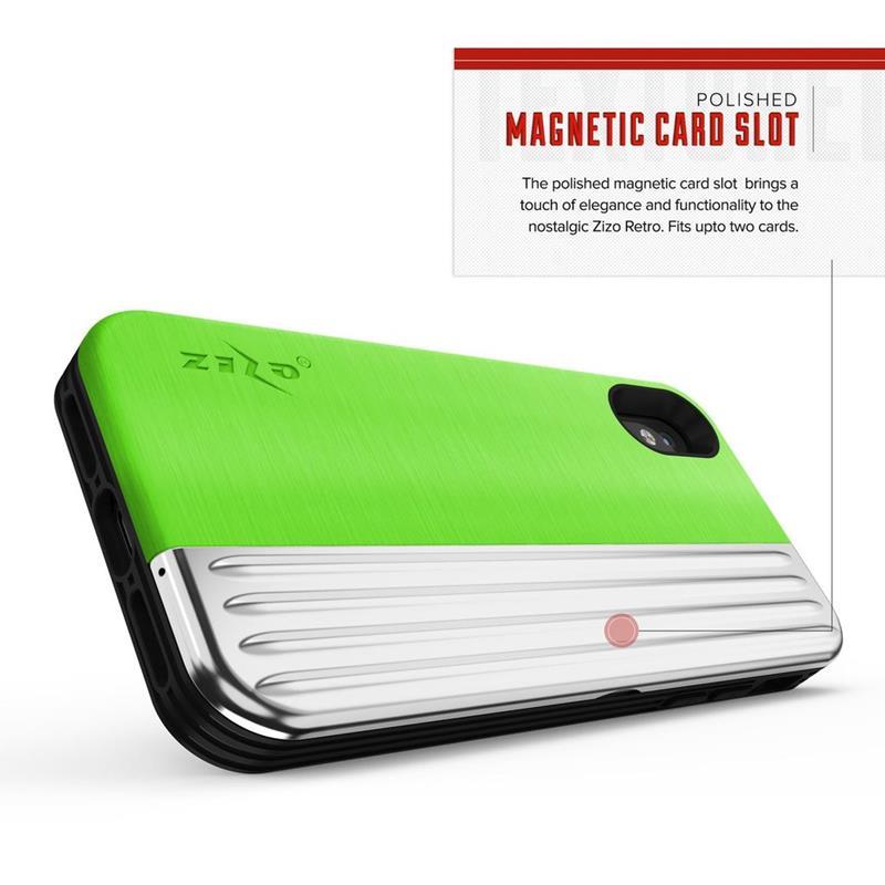 Zizo Retro Series - Etui iPhone Xs / X z kieszenią na karty + podstawka + szkło 9H na ekran (Neon Green/Silver)