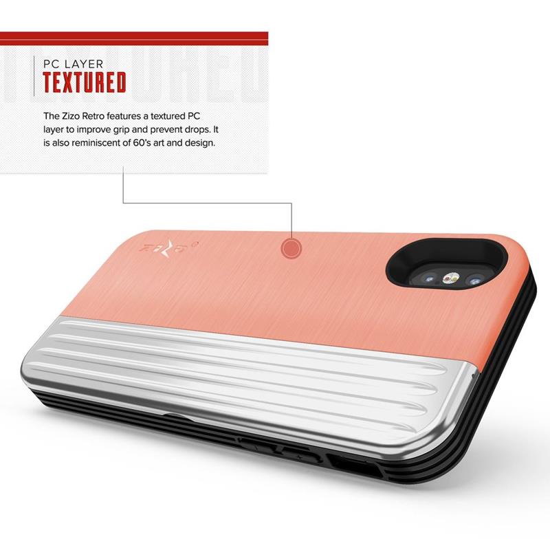 Zizo Retro Series - Etui iPhone Xs / X z kieszenią na karty + podstawka + szkło 9H na ekran (Peach/Silver)
