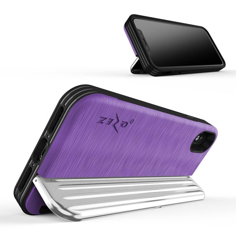 Zizo Retro Series - Etui iPhone Xs/ X z kieszenią na karty + podstawka + szkło 9H na ekran (Purple/Silver)