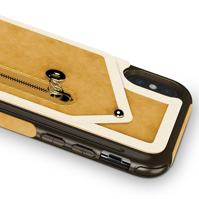 Zizo Nebula Wallet Case - Skórzane etui iPhone X z kieszeniami na karty + saszetka na zamek + szkło 9H na ekran (Light Brown/Brown)