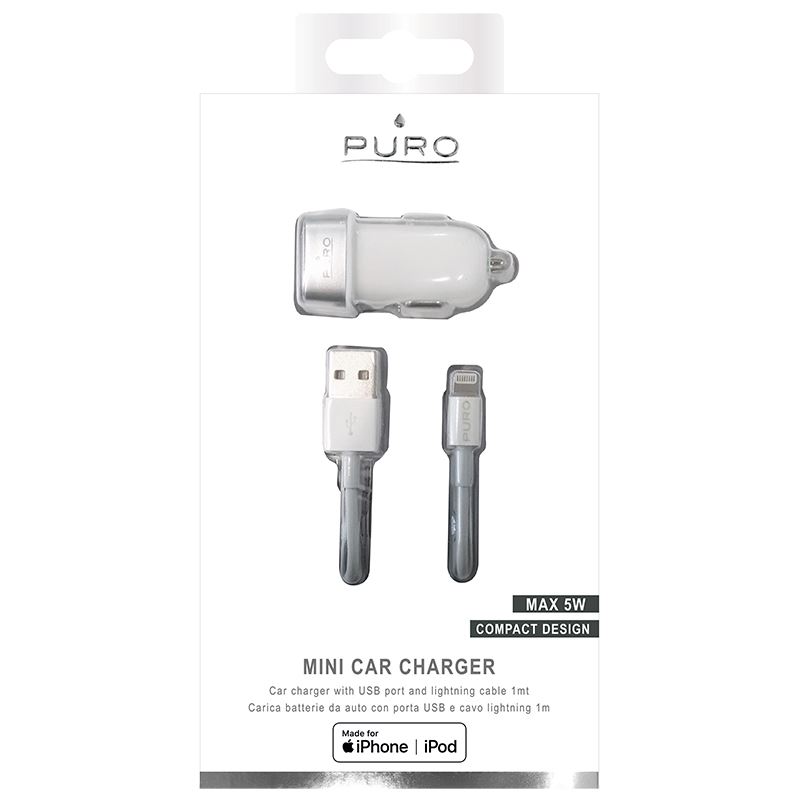 PURO Mini Car Charger - Ładowarka samochodowa 5 V / 1 A - 5 W + kabel Lightning MFi 1 m (biały)