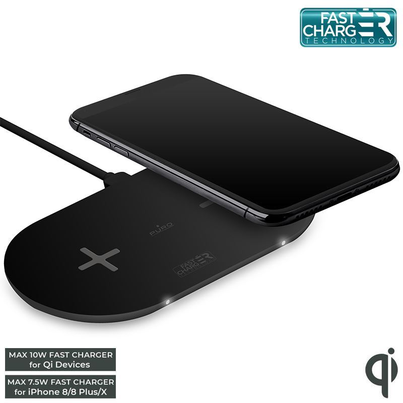 PURO Fast Wireless Dual Dock - Bezprzewodowa ładowarka indukcyjna Qi do iPhone i Android, 2x10 W (czarny)