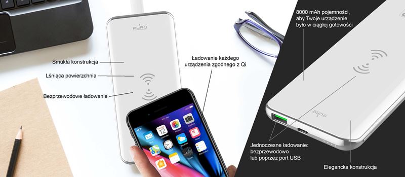 PURO Wireless Slim Power Bank - Power Bank 8000 mAh z ładowaniem indukcyjnym Qi do iPhone i Android, 10 W (biały)