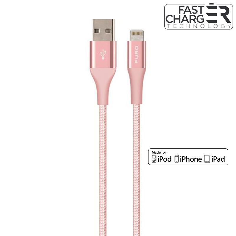 PURO Fabric K2 - Kabel w oplocie heavy duty USB-A/Lightning MFi 1,2m (Rose Gold)