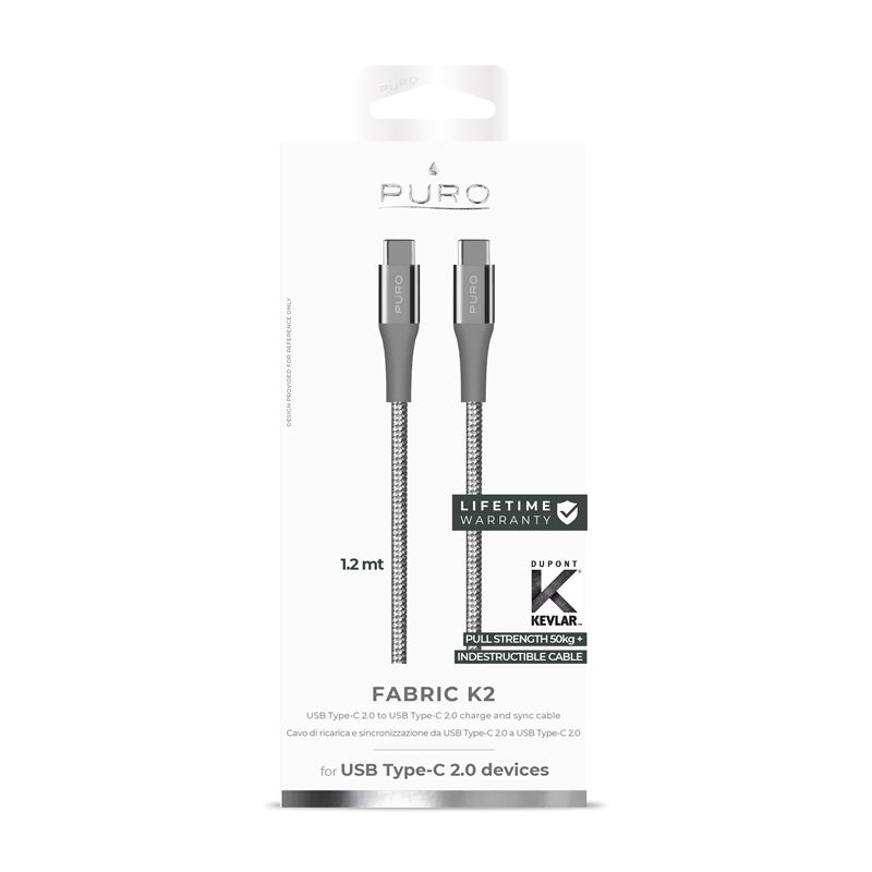 PURO Fabric K2 - Kabel w oplocie heavy duty USB-C na USB-C, 1,2 m (Space Grey)