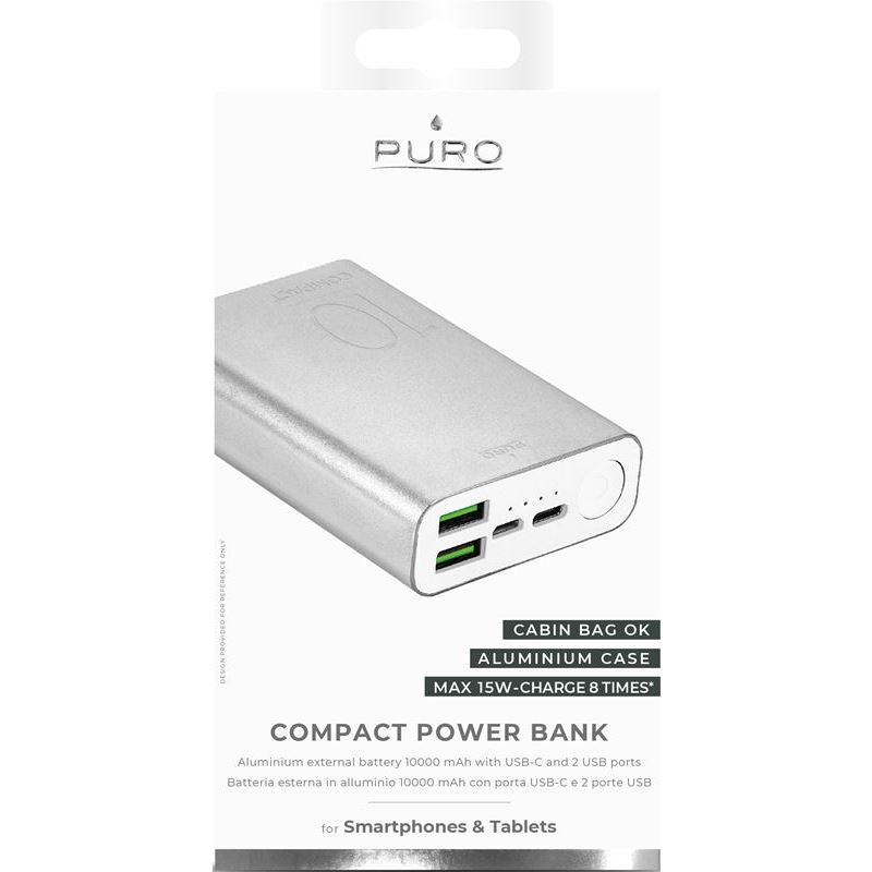 PURO Compact Power Bank - Power bank dla smartfonów i tabletów 10000 mAh 2 x USB-A, 1 x USB-C, 15W, Li-Poly (srebrny)