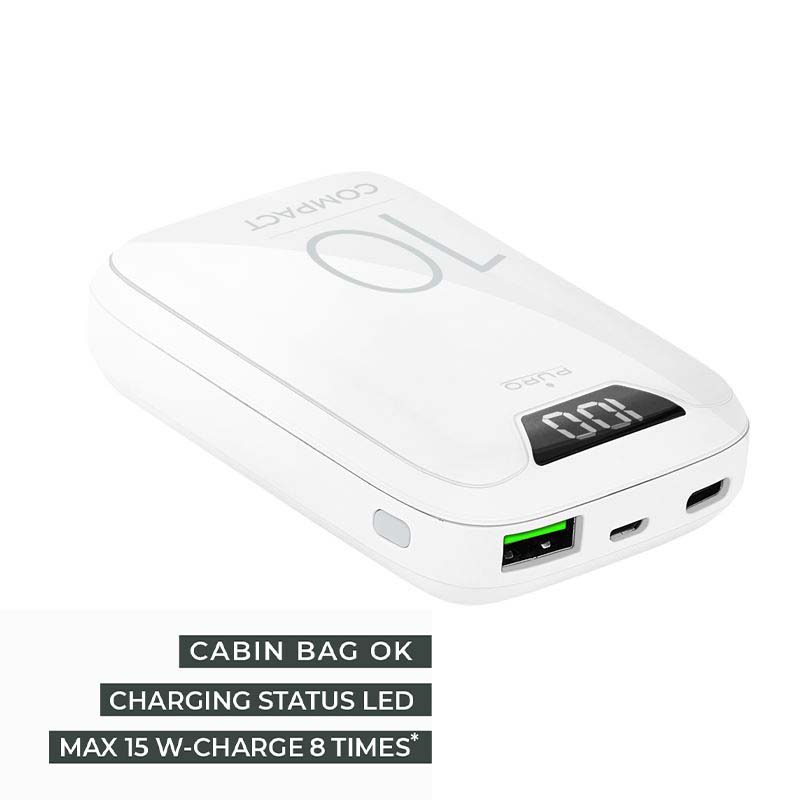 PURO Compact Power Bank - Power bank dla smartfonów i tabletów 10000 mAh, USB-A, USB-C, 15 W + wyświetlacz LED (biały)