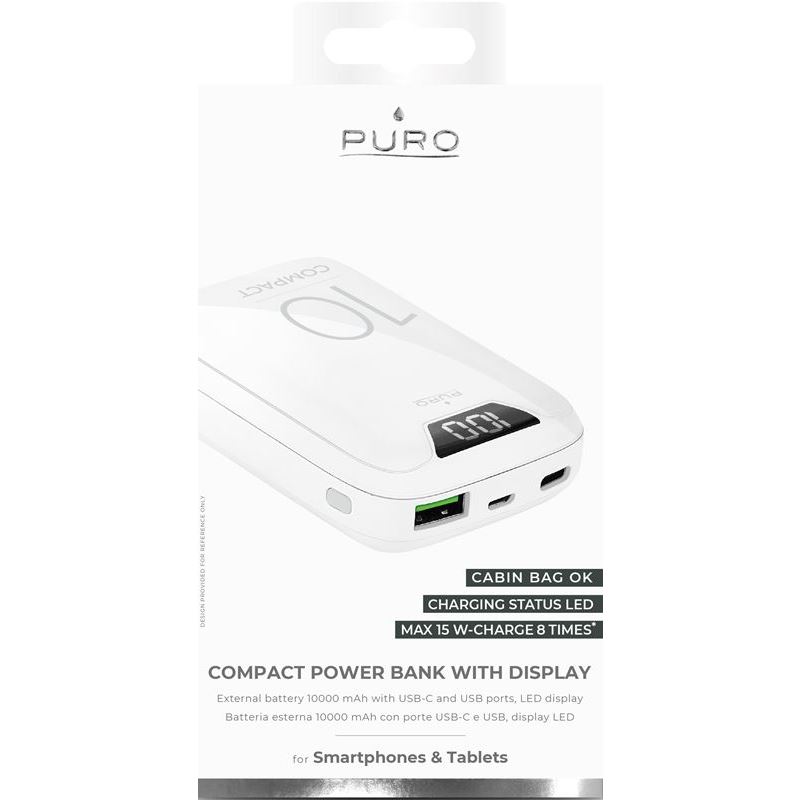 PURO Compact Power Bank - Power bank dla smartfonów i tabletów 10000 mAh, USB-A, USB-C, 15 W + wyświetlacz LED (biały)
