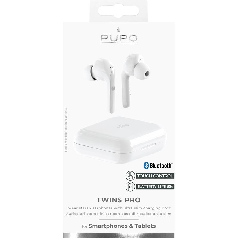 PURO TWINS PRO TWS 5.0 – Bezprzewodowe słuchawki Bluetooth V5.0 z etui ładującym, wodoszczelność IPX5 (Biały)