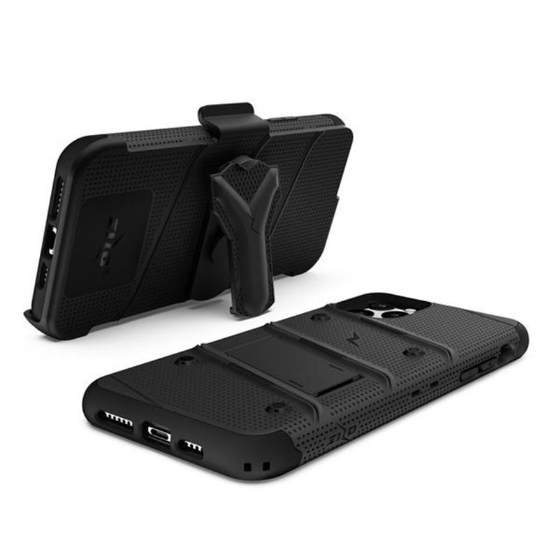 Zizo Bolt Cover - Pancerne etui iPhone 11 Pro ze szkłem 9H na ekran + podstawka & uchwyt do paska (Black/Black)