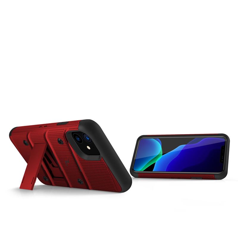 Zizo Bolt Cover - Pancerne etui iPhone 11 ze szkłem 9H na ekran + podstawka & uchwyt do paska (Red/Black)