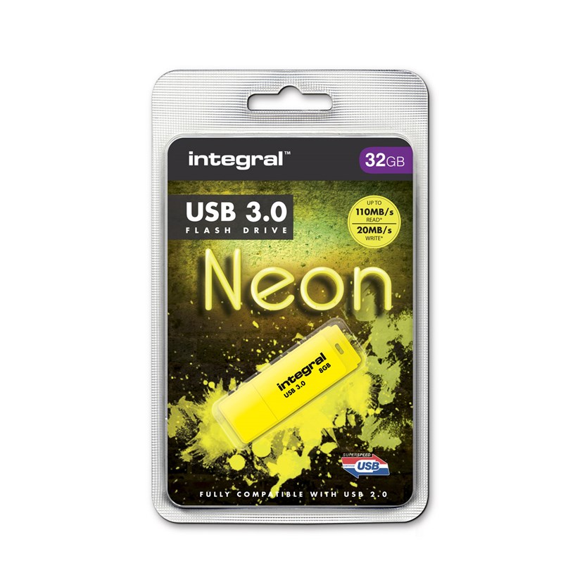 Integral Neon USB 3.0 Flash Drive - Pendrive USB 3.0 32GB (Yellow)