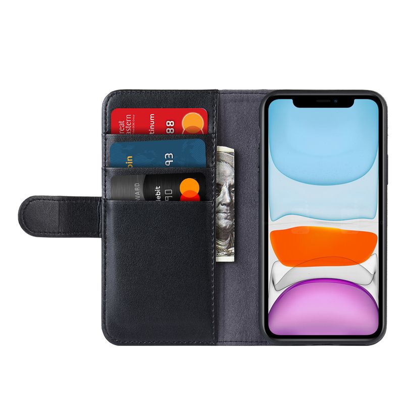 Crong Premium Booklet Wallet - Skórzane etui iPhone 11 z kieszeniami + funkcja podstawki (czarny)