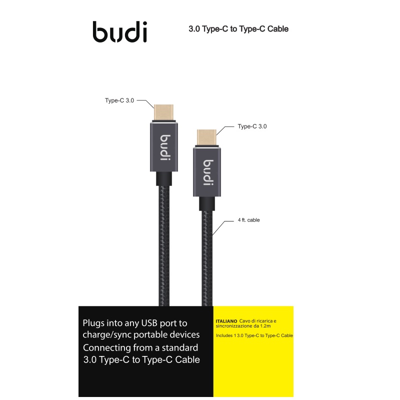 Budi - Kabel USB-C - USB-C, pozłacane wtyki, transfer do 5GB/s, 1,2 m (Czarny)