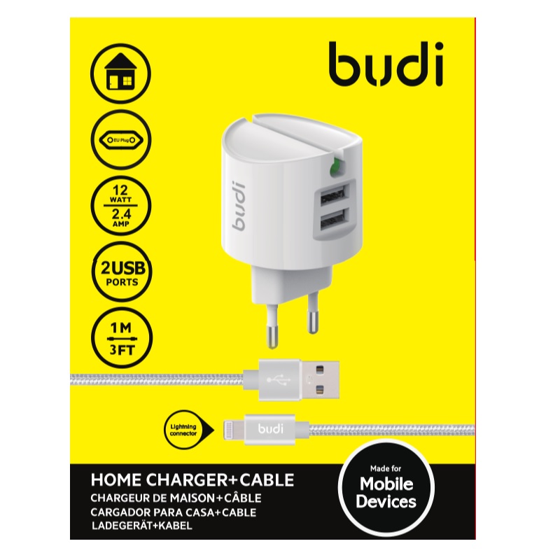 Budi - Ładowarka sieciowa 2x USB + kabel Lightning 1 m (Biały)