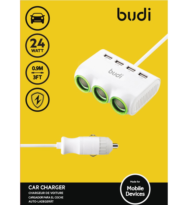 Budi - Ładowarka samochodowa 4x USB, 24W + 3x rozdzielacz gniazda zapalniczki (Biały)