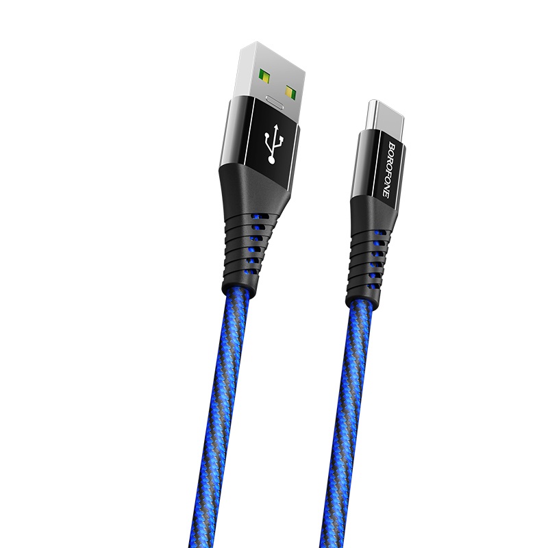 Borofone - Kabel USB-A do USB-C 5A w oplocie + aluminiowa obudowa, 1,2 m (Niebieski)