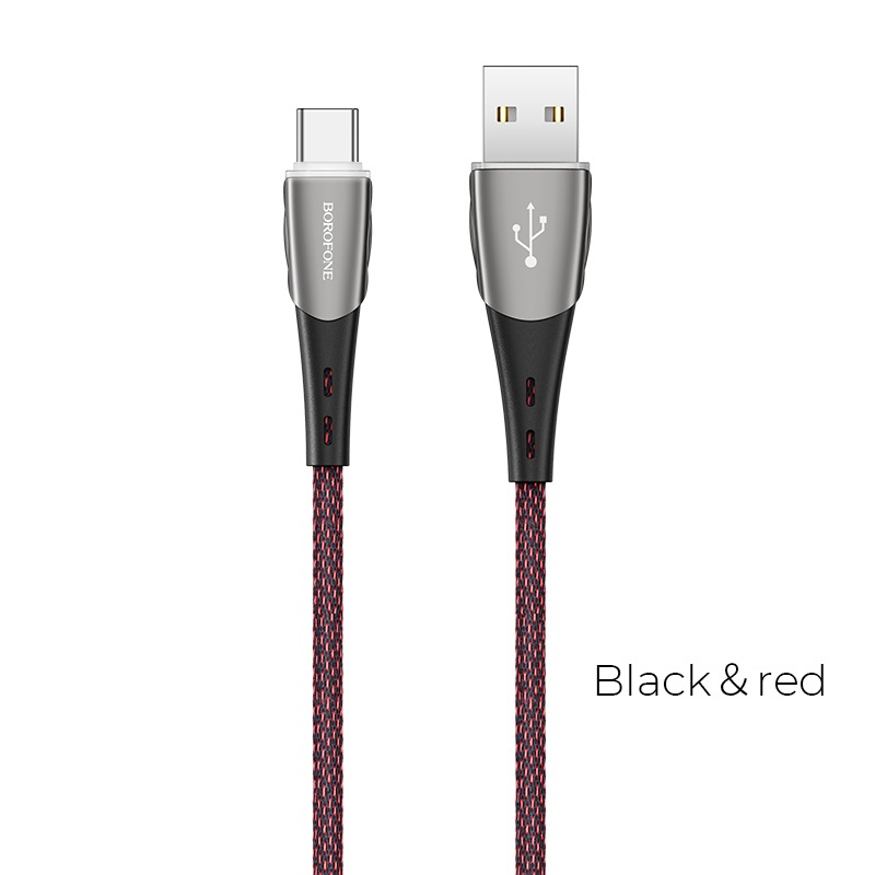 Borofone - Kabel USB-A do USB-C w oplocie z podświetlanym wtykiem, 1,2 m (Czarny/Czerwony)