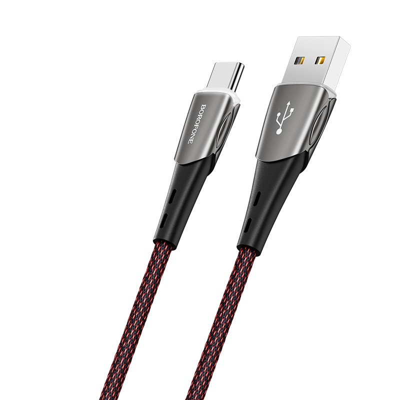 Borofone - Kabel USB-A do USB-C w oplocie z podświetlanym wtykiem, 1,2 m (Czarny/Czerwony)