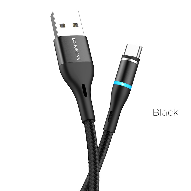 Borofone - Kabel USB-A do USB-C z magnetyczną końcówką i podświetleniem, 1,2 m (Czarny)