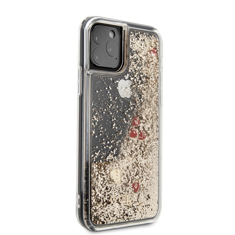 Guess Liquid Glitter Hearts - Etui iPhone 11 Pro (złoty/czerwony)