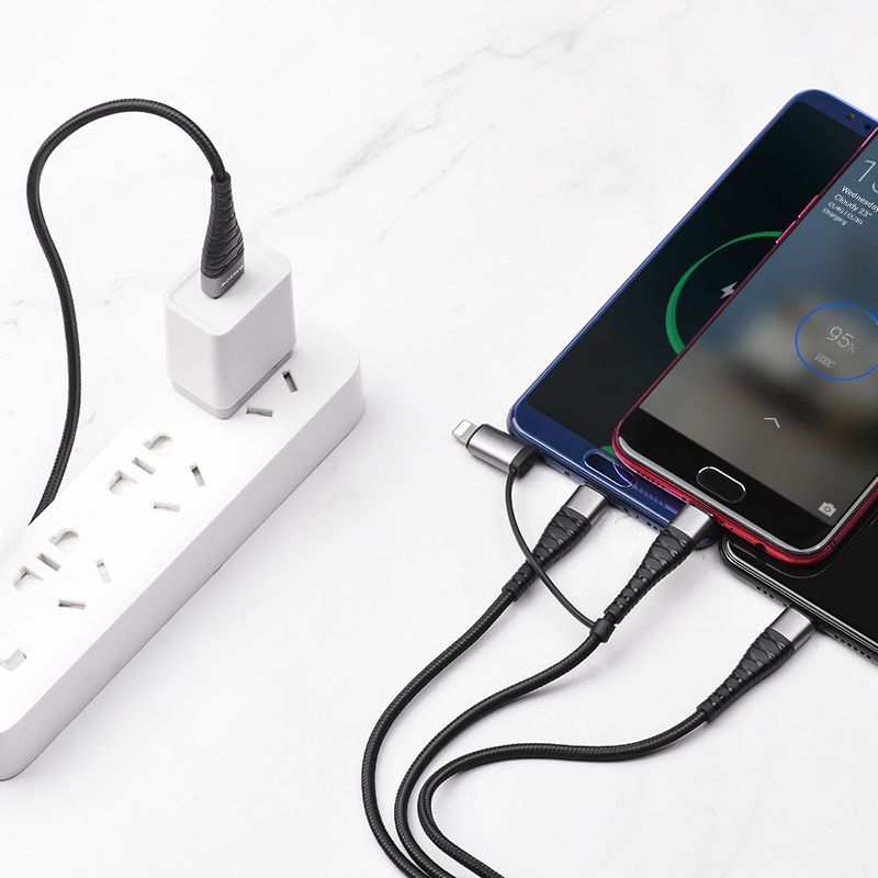 Borofone - kabel 4w1, 2x Lightning 1x micro USB 1x USB-C aluminium nylonowy oplot, czarny