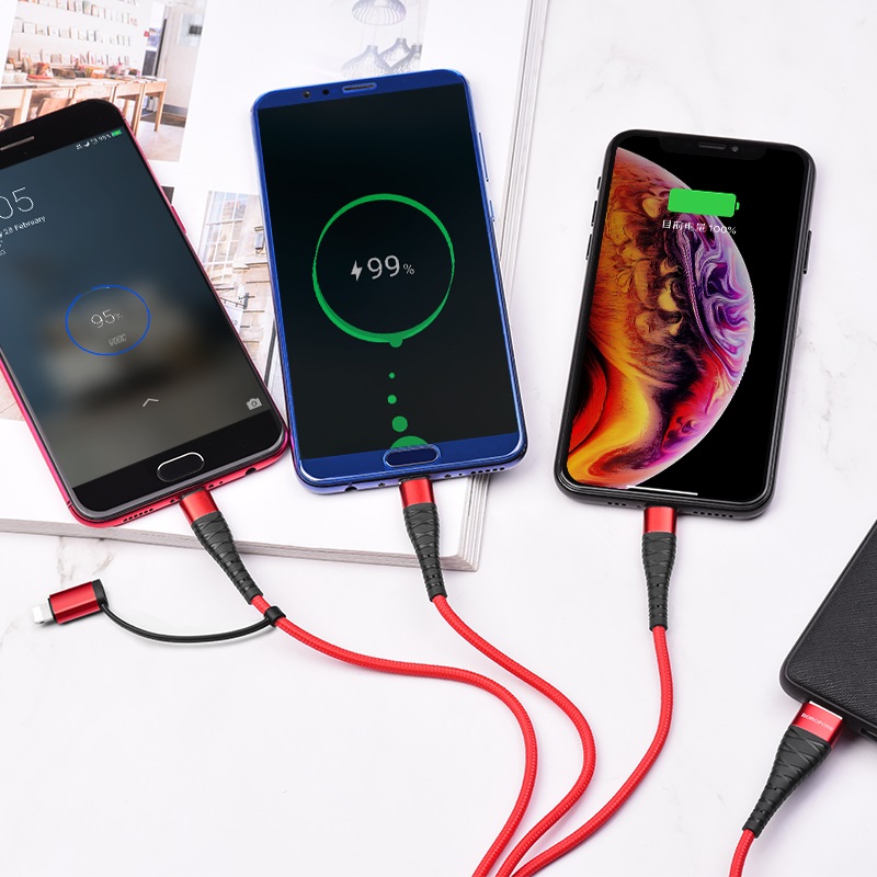 Borofone - kabel 4w1, 2x Lightning 1x micro USB 1x USB-C aluminium nylonowy oplot, czerwony