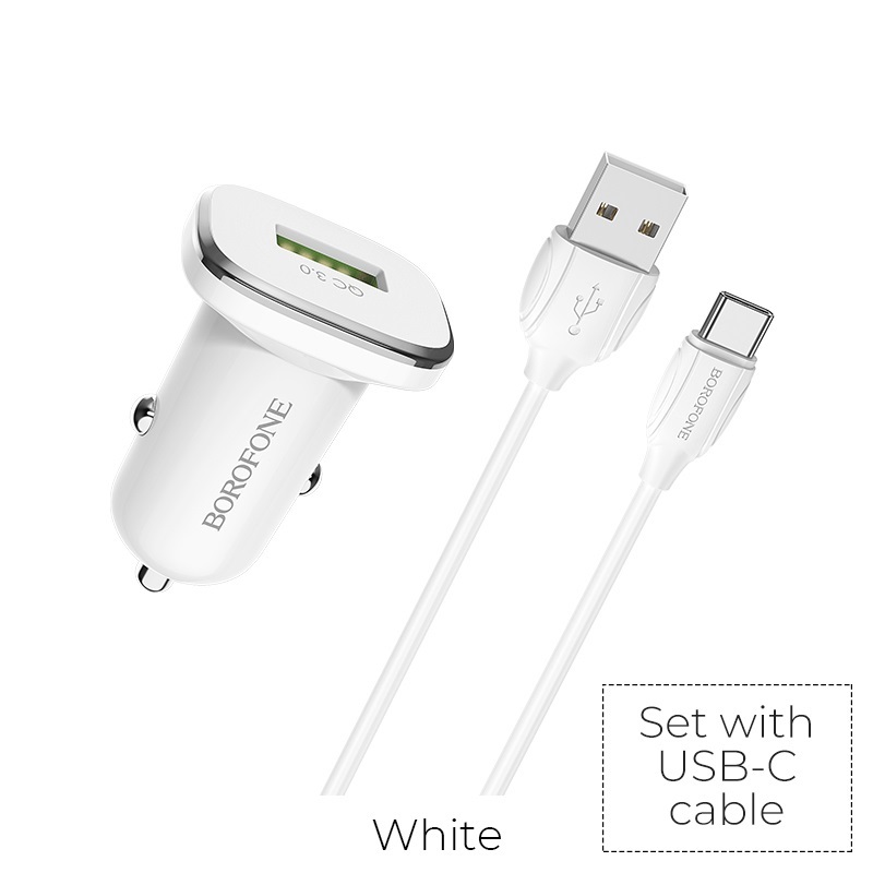 Borofone - ładowarka samochodowa USB z QC3.0 i kablem USB-C w zestawie, biały