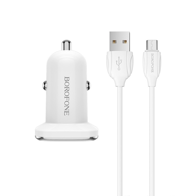 Borofone - ładowarka samochodowa USB z QC3.0 i kablem micro USB w zestawie, biały