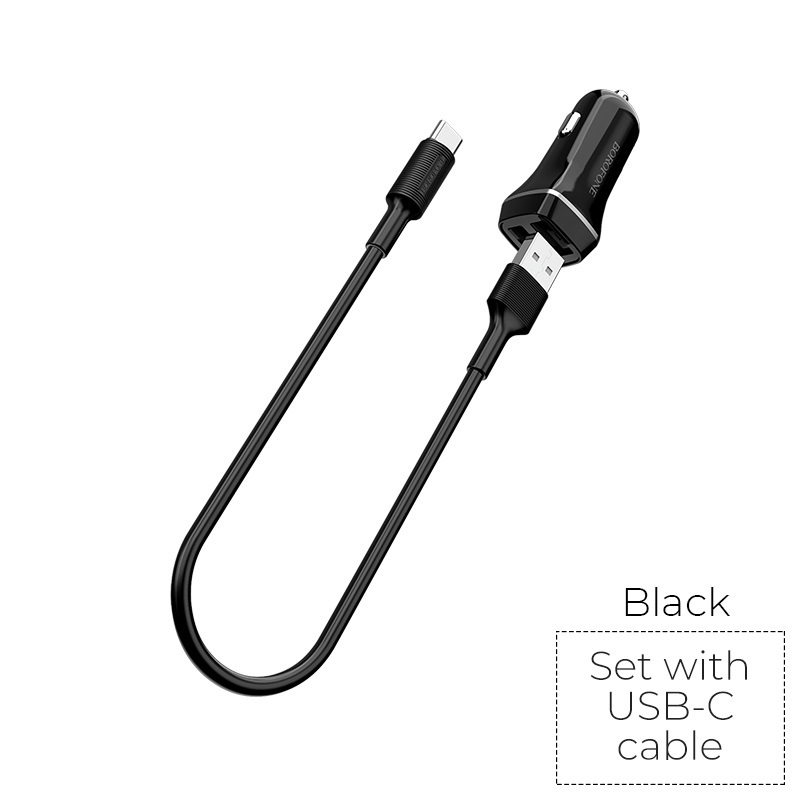 Borofone - ładowarka samochodowa 2x USB kabel USB-C w zestawie, czarny
