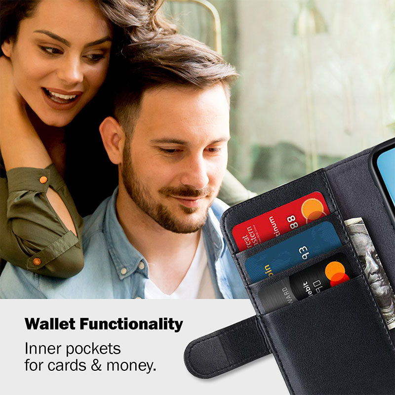 Crong Premium Booklet Wallet - Skórzane etui iPhone 11 Pro z kieszeniami + funkcja podstawki (czarny)