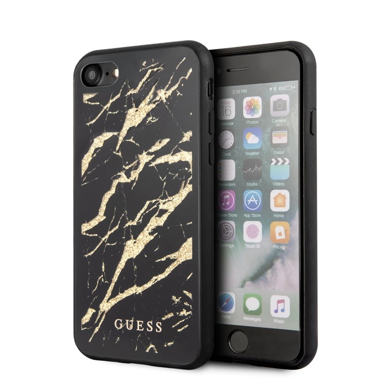 Guess Marble Glass Gold Glitter - Etui iPhone SE 2020 / 8 / 7 (Czarny)